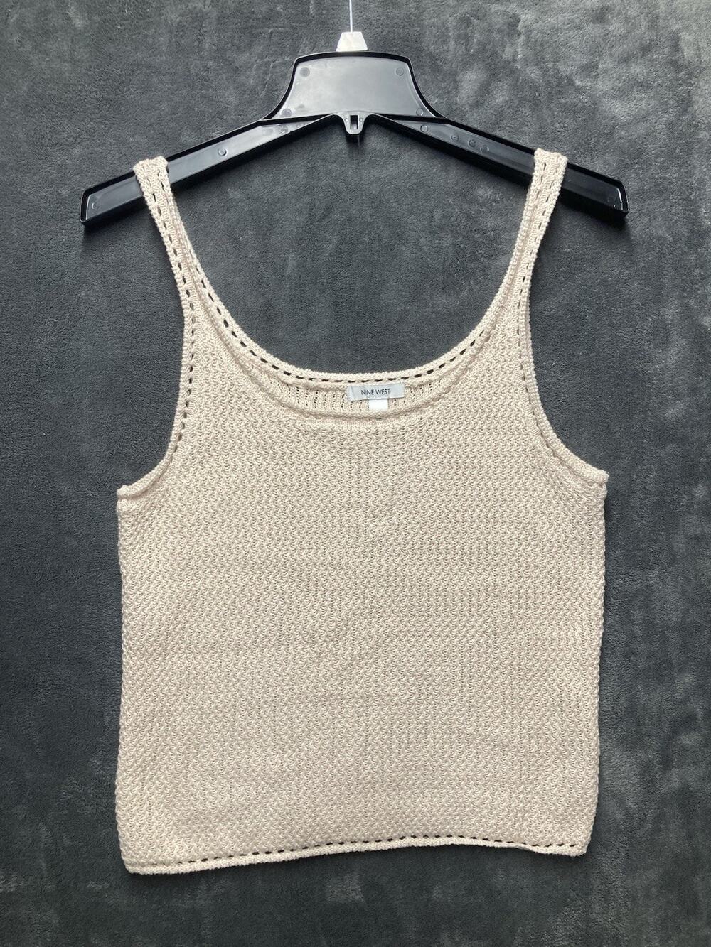 Nine West Crochet Knit Sweater Tank Top Cream Beige Boho Coastal Grandma Sz M